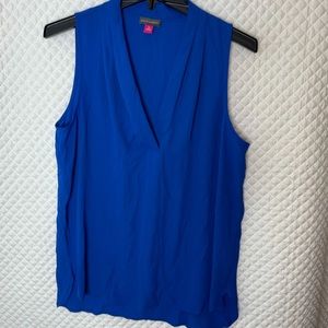 Vince Camuto royal blue sleeveless V-neck blouse with ruching at neckline.